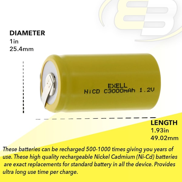 Exell Battery C Size 1.2V 3000mAh NiCD Rechargeable Battery with Tabs - EBC-335-1