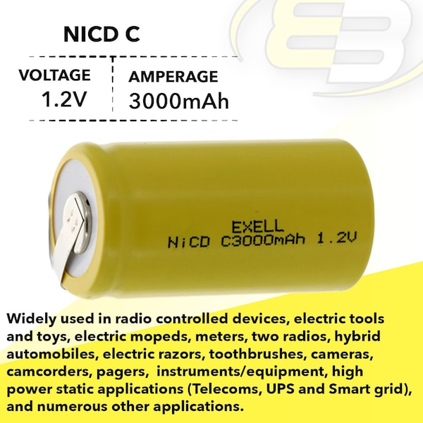 Exell Battery C Size 1.2V 3000mAh NiCD Rechargeable Battery with Tabs - EBC-335-1