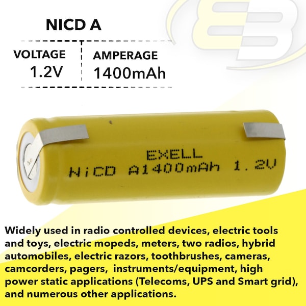 Exell Battery A Size 1.2V 1400mAh NiCD Rechargeable Battery with Tabs - EBC-303-1