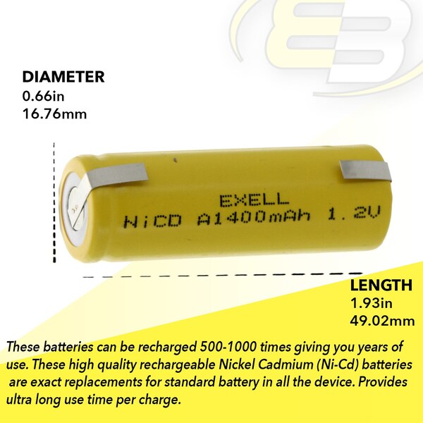 Exell Battery A Size 1.2V 1400mAh NiCD Rechargeable Battery with Tabs - EBC-303-1