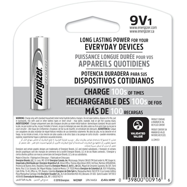 Energizer Precharged Recharg Battery, 9V, NiMh - NH22NBP