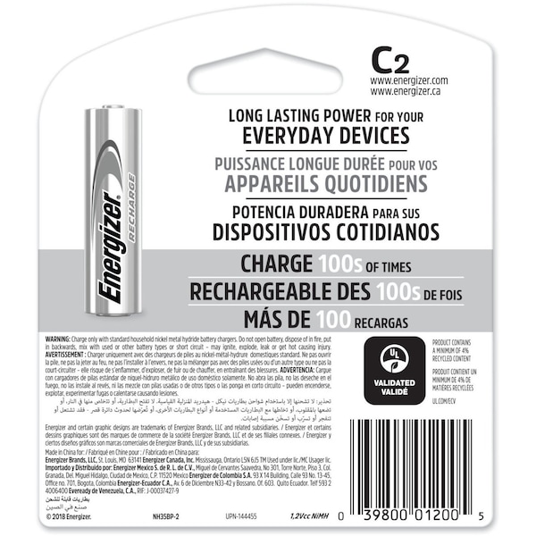 Energizer Precharged Recharg Battery, C, NiMh, PK2 - NH35BP-2