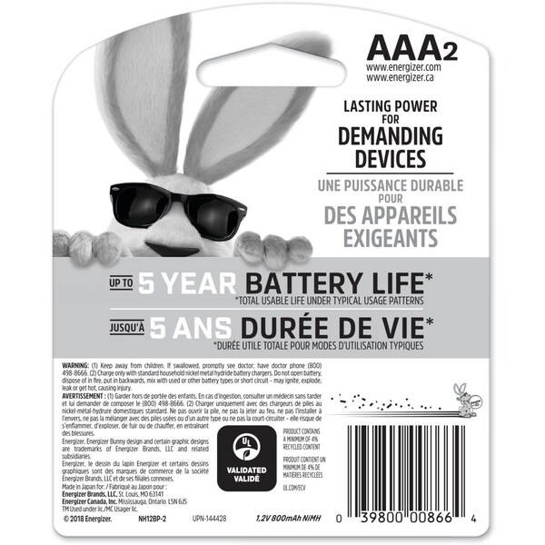 Energizer Precharged Recharg Battery, AAA, NiMh, PK2 - NH12BP-2