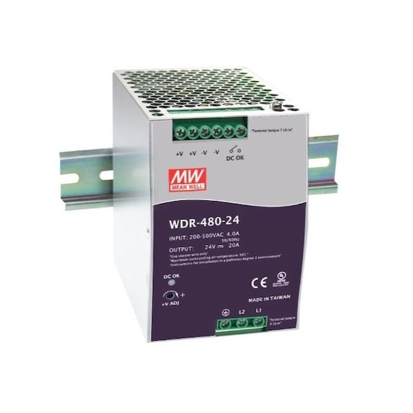 Icomtech AC/DC Industrial DIN rail power supply, Output 24VDC at 20A, metal case - WDR-480-24