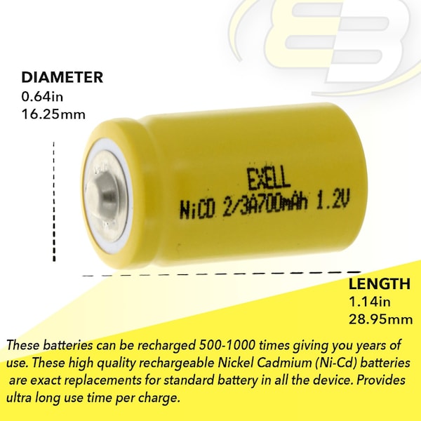 Exell Battery 2/3A Size 1.2V 700mAh NiCD Button Top Rechargeable Battery - EBC-302