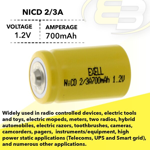 Exell Battery 2/3A Size 1.2V 700mAh NiCD Button Top Rechargeable Battery - EBC-302