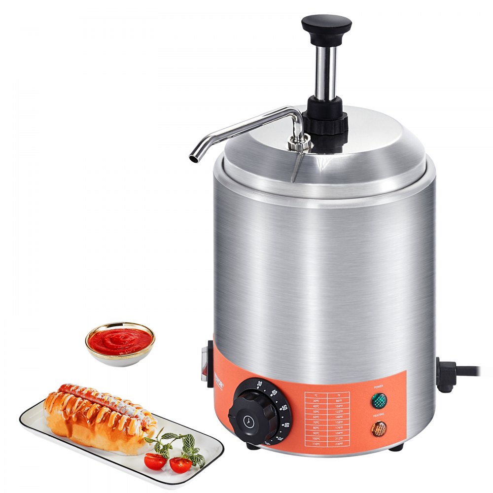 VEVOR Electric Cheese Dispenser with Pump, 2.3 Qt Commercial Hot Fudge Warmer, Stainless Steel Pump Dispenser, 86-230℉ Temp Adjustable Nacho Cheese Sauce Warmer, for Hot Fudge Cheese Caramel - DRNZBBXG25LY6YLESV1