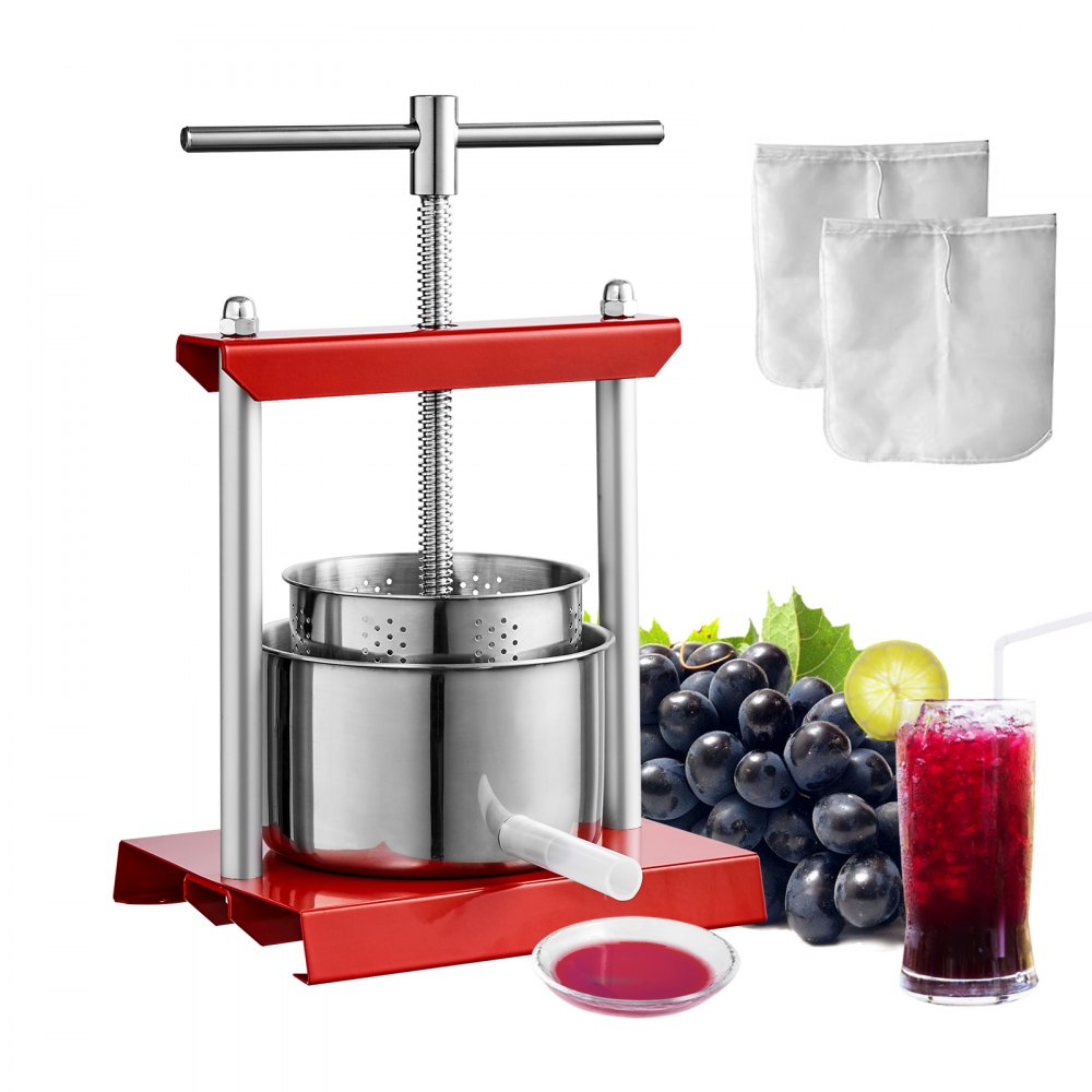 VEVOR Fruit Wine Press, 1.6 Gallon/6L, 2 Stainless Steel Barrels, Manual Juice Maker, Cider Apple Grape Tincture Vegetables Honey Olive Oil Making Press with T-Handle for Outdoor, Kitchen, and Home - TSGJYZJBX6LT2TFWRV0