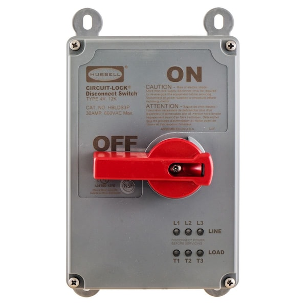 Interruptor de desconexión no fusible Hubbell con iluminación LED, 30 A, 600V CA, 3 polos, NEMA 4X - HBLDS3P.