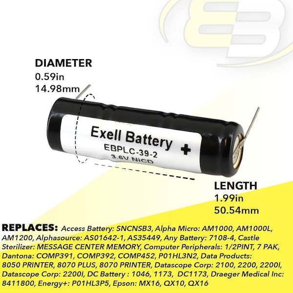 Exell Battery 3.6V Ni-CD PLC Comp Backup Battery Fits AT&T 560 Epson MX16 & Replaces COMP-39-2 - EBPLC-39-2