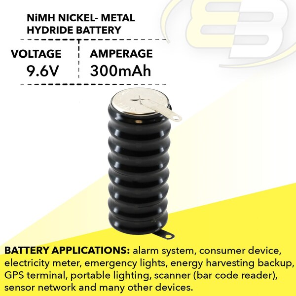Exell Battery 9.6V 300mAh NiMH Battery w/TABS for Battery Timer, Senor, Meters - 8/CP300H-TABS