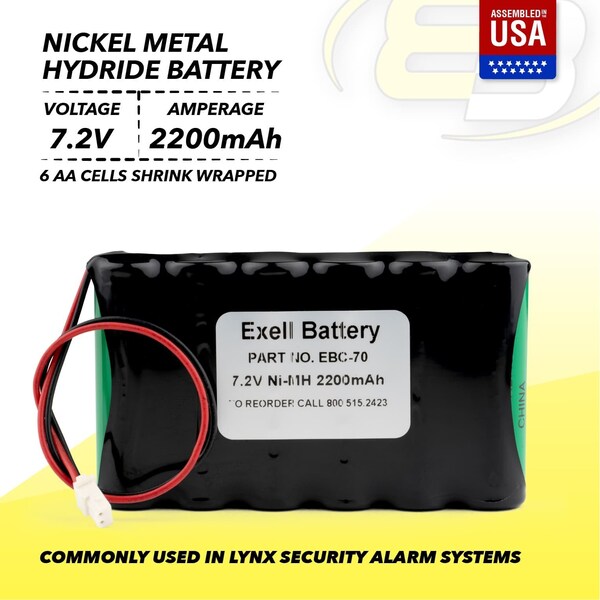 Exell Battery Exell NiMH 7.2V 2000mAh Ademco Lynx Alarm Systems Replacement Battery - EBC-70