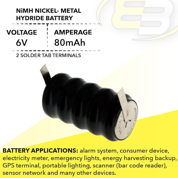 Exell Battery 5/V80H 6V 80mAh Rechargeable Battery w/Tabs 55608305060 for alarm systems, GPS - 5/V80H-TABS