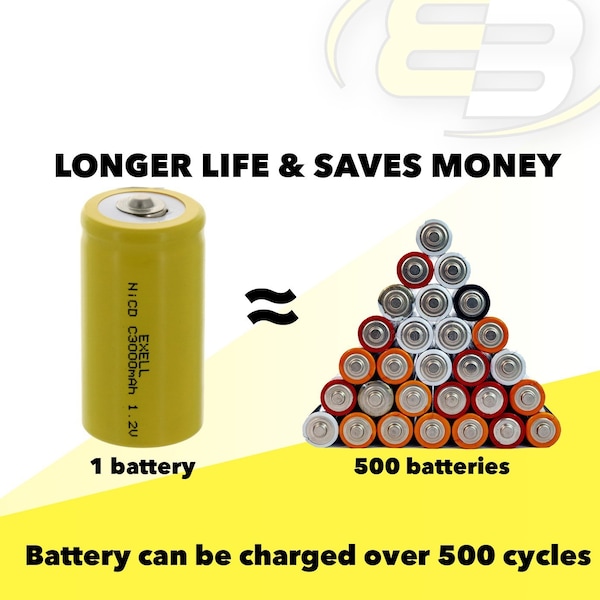 Exell Battery C Size 1.2V 3000mAh NiCD Button Top Rechargeable Battery - EBC-335