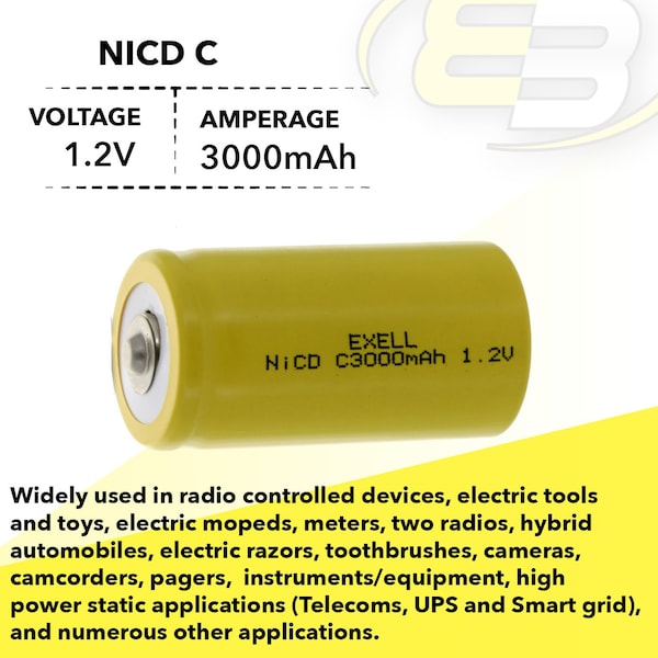 Exell Battery C Size 1.2V 3000mAh NiCD Button Top Rechargeable Battery - EBC-335