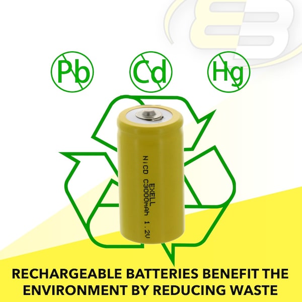Exell Battery C Size 1.2V 3000mAh NiCD Button Top Rechargeable Battery - EBC-335