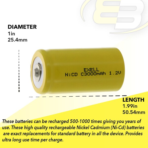 Exell Battery C Size 1.2V 3000mAh NiCD Button Top Rechargeable Battery - EBC-335