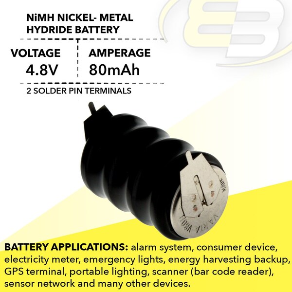 Exell Battery 4/V80H 2 Pin 4.8V 80mAh Battery 55608304015 for electricity meter, RTC, MBU - 4/V80H-2P