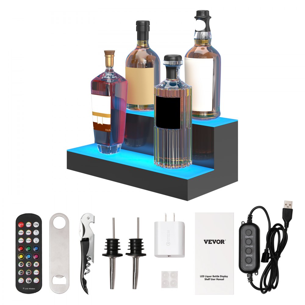 VEVOR LED Lighted Liquor Bottle Display Bar Shelf RF & App Control 16" 2-Step - ZTXJPLED216RFGA6DV1