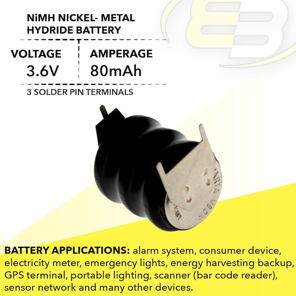Exell Battery 3/V80H 3 Pin 3.6V 80mAh Battery 55608303059  for energy harvest backup, GPS - 3/V80H-3P