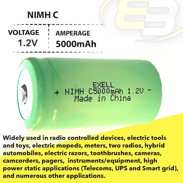 Exell Battery 1.2V 5000mAh NiMH C Size Rechargeable Button Top Battery - EBC-542