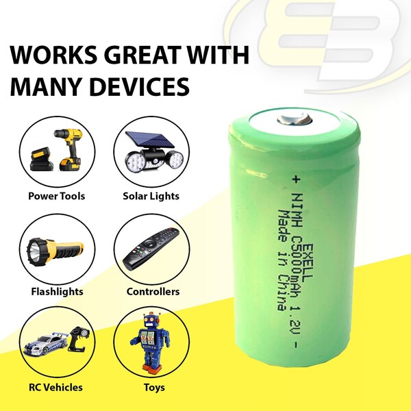 Exell Battery 1.2V 5000mAh NiMH C Size Rechargeable Button Top Battery - EBC-542