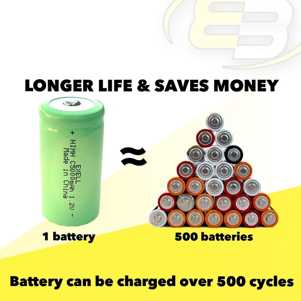 Exell Battery 1.2V 5000mAh NiMH C Size Rechargeable Button Top Battery - EBC-542