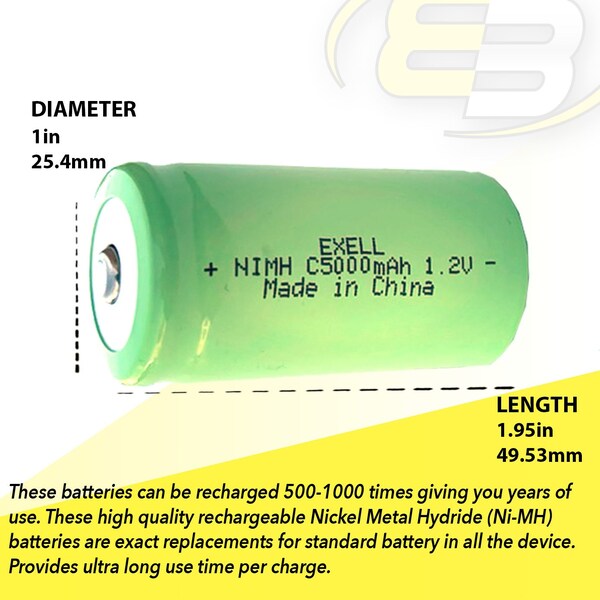 Exell Battery 1.2V 5000mAh NiMH C Size Rechargeable Button Top Battery - EBC-542