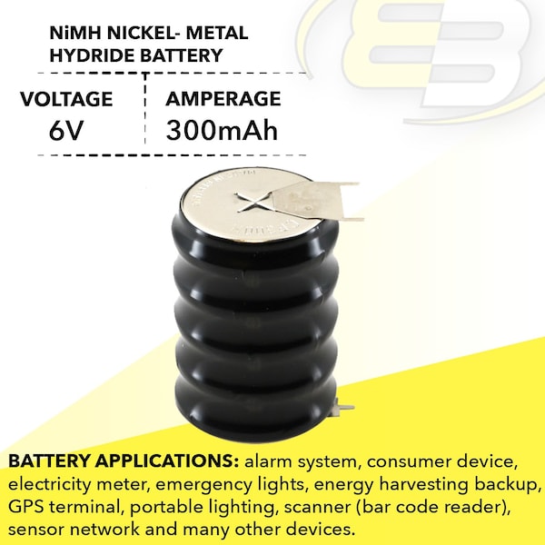 Exell Battery 6V 300mAh NiMH Battery w/PINS for RTC, MBU, Timer, Senor, Meter - 5/CP300H-3PIN