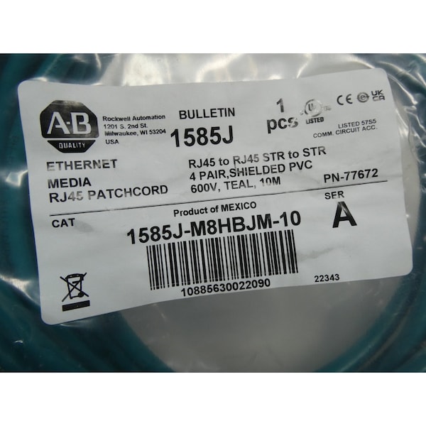 Cable de parche de medios Ethernet Allen Bradley 10M 600V-AC CORDSET CABLE - 1585J-M8HBJM-10