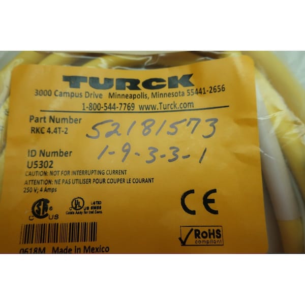 Turck Cordset, Hembra M12 a cable pelado, Amarillo, 4 conductores, 2 metros, Serie Eurofast - RKC 4.4T-2