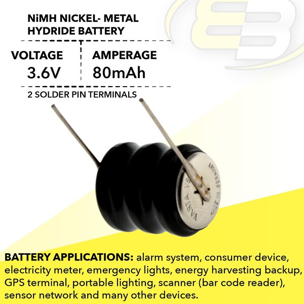 Exell Battery 3/V80H 2 Pin 3.6V 80mAh Battery 55608303015 for alarm system, consumer device - 3/V80H-2PIN