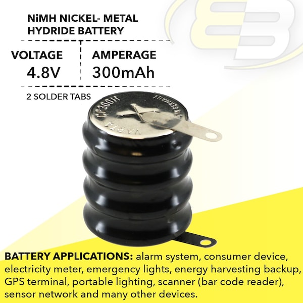 Exell Battery 4/CP300H 4.8 Volt 300mAh NiMH Battery Tabs for Server Backup Battery, RTC, MBU - 4/CP300H-TABS