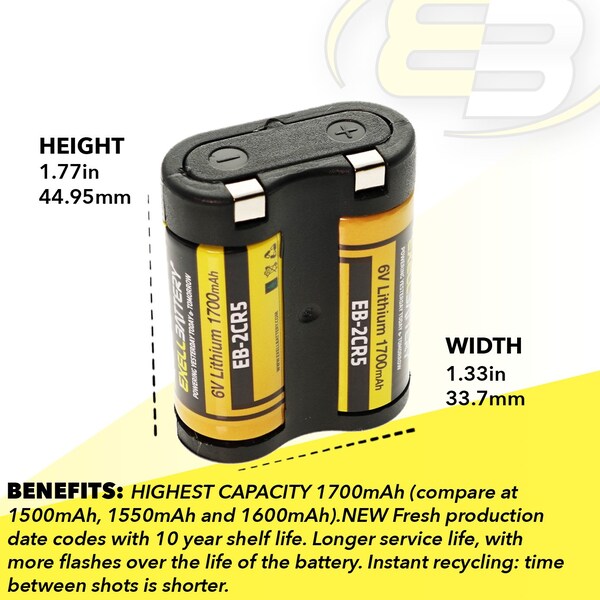 Exell Battery 6V 1700mAh 2CR5 Photo Lithium Battery Replaces 2CR5 DL245 EL2CR5 2CR5M - EB-2CR5