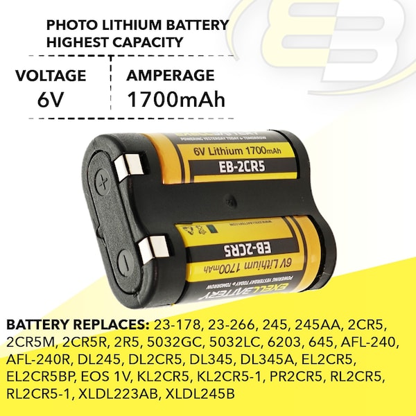 Exell Battery 6V 1700mAh 2CR5 Photo Lithium Battery Replaces 2CR5 DL245 EL2CR5 2CR5M - EB-2CR5