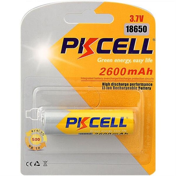 Pkcell PK Cell ICR18650-2600-1B 3.7V Button Top Header Lithium Ion Battery with 2600 mAh - ICR18650-2600-1B