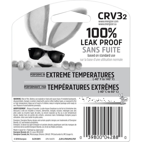 Energizer Energizer CRV3 Batteries, 2 Pack - For Multipurpose - CRV3 - 3000 mAh - 3 V DC - 2-/ Pack - ELCRV3BP2