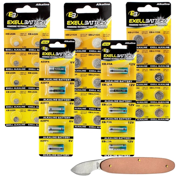 Exell Battery 41pc Alkaline Batteries Kit Includes A28PX 23A L1154 L626 L1131 and Watch Opener - EB-KIT-103