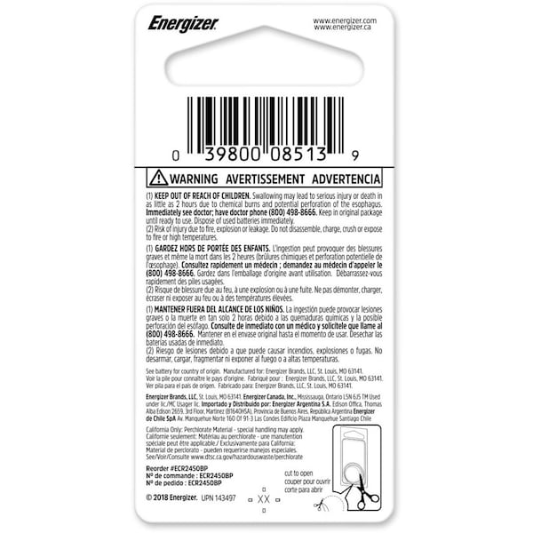 Energizer Coin Cell Battery, 2450, Lithium, 3 Volts - ECR2450BP
