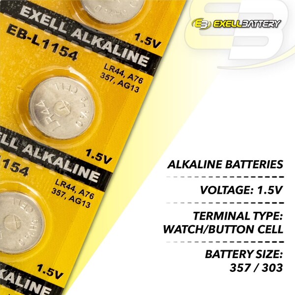 Exell Battery 10pk Exell Alkaline 1.5V Watch Battery Replaces AG13 357 LR44 - EB-L1154