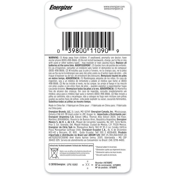 Energizer Energizer A76 Batteries, 1 Pack - For Multipurpose - 1.5 V DC - 1 Each - A76BPZ