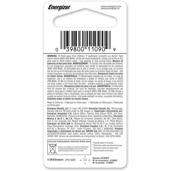 Energizer Energizer A76 Batteries, 1 Pack - For Multipurpose - 1.5 V DC - 1 Each - A76BPZ