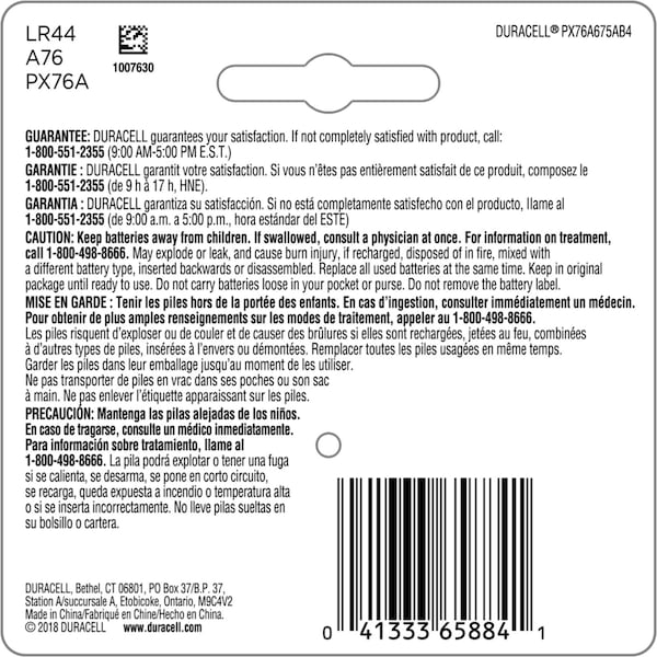 Duracell Duracell Alkaline 76A LR44 1.5 V 0.11 mAh Medical Battery 4 pk - 76AB4PK