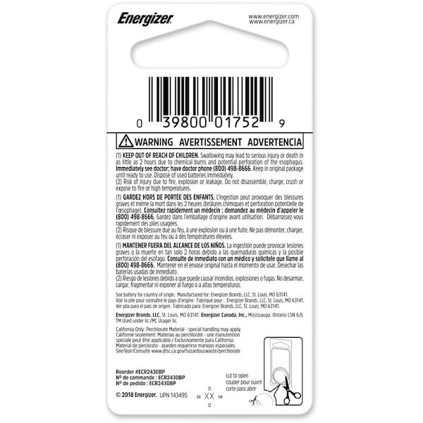 Energizer Energizer 2430 Lithium Coin Battery, 1 Pack - For Multipurpose - 290 mAh - 3 V DC - 1 Each - ECR2430BP