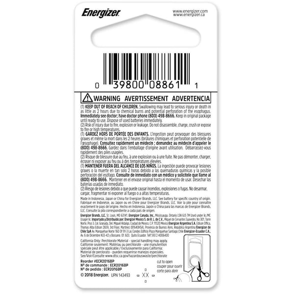 Energizer Energizer 2016 Lithium Coin Battery, 1 Pack - For Multipurpose - 3 V DC - 1 Each - ECR2016BP