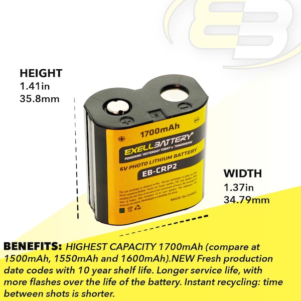 Exell Battery 6v 1700mAH Highest Capacity CRP2 Photo Battery For Digital / Analog Cameras - EB-CRP2
