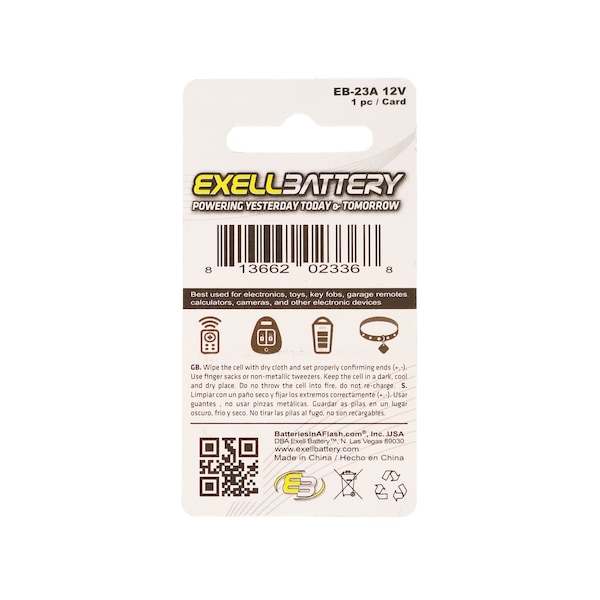 Exell Battery Exell 23A, A23 1pk Blister Card Remote Battery - EB-23A-BP1