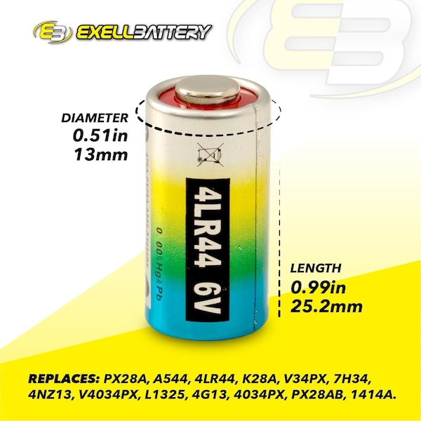 Exell Battery 5pk 6V Alkaline Battery Replaces PX28A, A544, 4LR44, K28A, V34PX - EB-4LR44