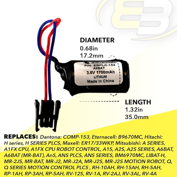 Exell Battery 3.6V Lithium PLC Computer Backup Battery Replaces ER17/33WKP A6BAT - EBPLC-153