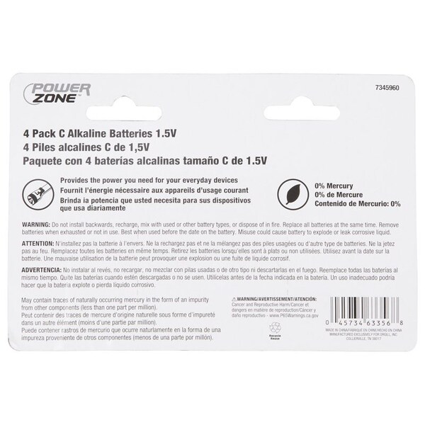 Powerzone Battery, 1.5 V Battery, C Battery, Zinc, Manganese Dioxide, and Potassium Hydroxide - LR14-4P-DB